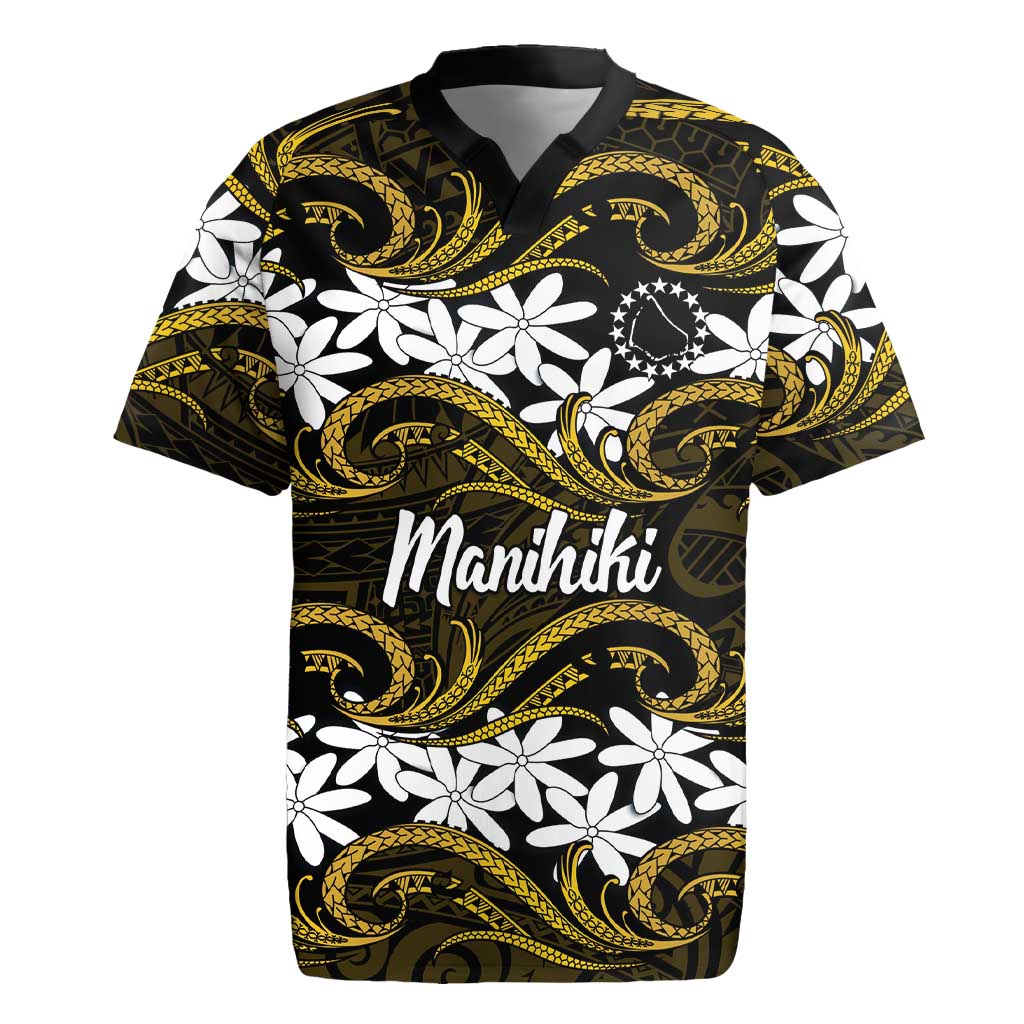 Personalised Cook Islands Manihiki Rugby Jersey Tiare Maori Polynesian Waves Tattoo LT14 Gold - Polynesian Pride