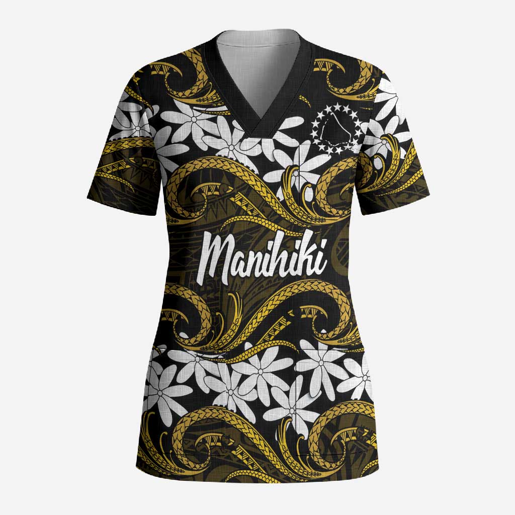 Personalised Cook Islands Manihiki Scrub Top Tiare Maori Polynesian Waves Tattoo LT14 Adult Gold - Polynesian Pride