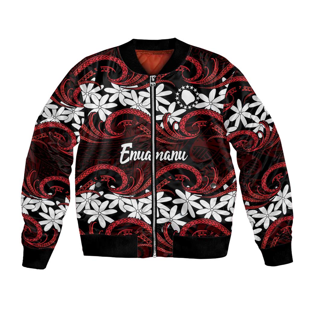 Personalised Cook Islands Atiu Enuamanu Bomber Jacket Tiare Maori Polynesian Waves Tattoo LT14 Unisex Red - Polynesian Pride