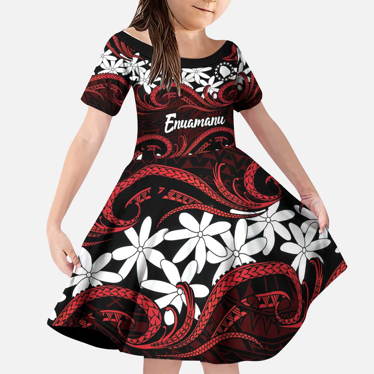 Personalised Cook Islands Atiu Enuamanu Kid Short Sleeve Dress Tiare Maori Polynesian Waves Tattoo LT14 KID Red - Polynesian Pride