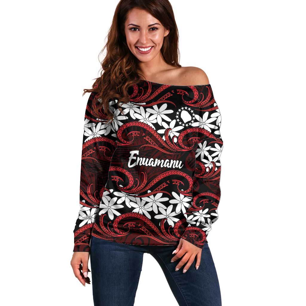 Personalised Cook Islands Atiu Enuamanu Off Shoulder Sweater Tiare Maori Polynesian Waves Tattoo LT14 Women Red - Polynesian Pride