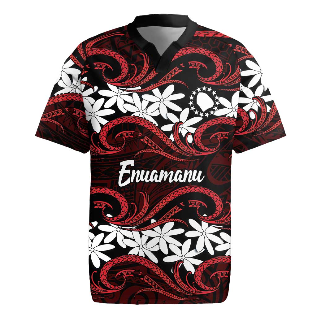Personalised Cook Islands Atiu Enuamanu Rugby Jersey Tiare Maori Polynesian Waves Tattoo LT14 Red - Polynesian Pride