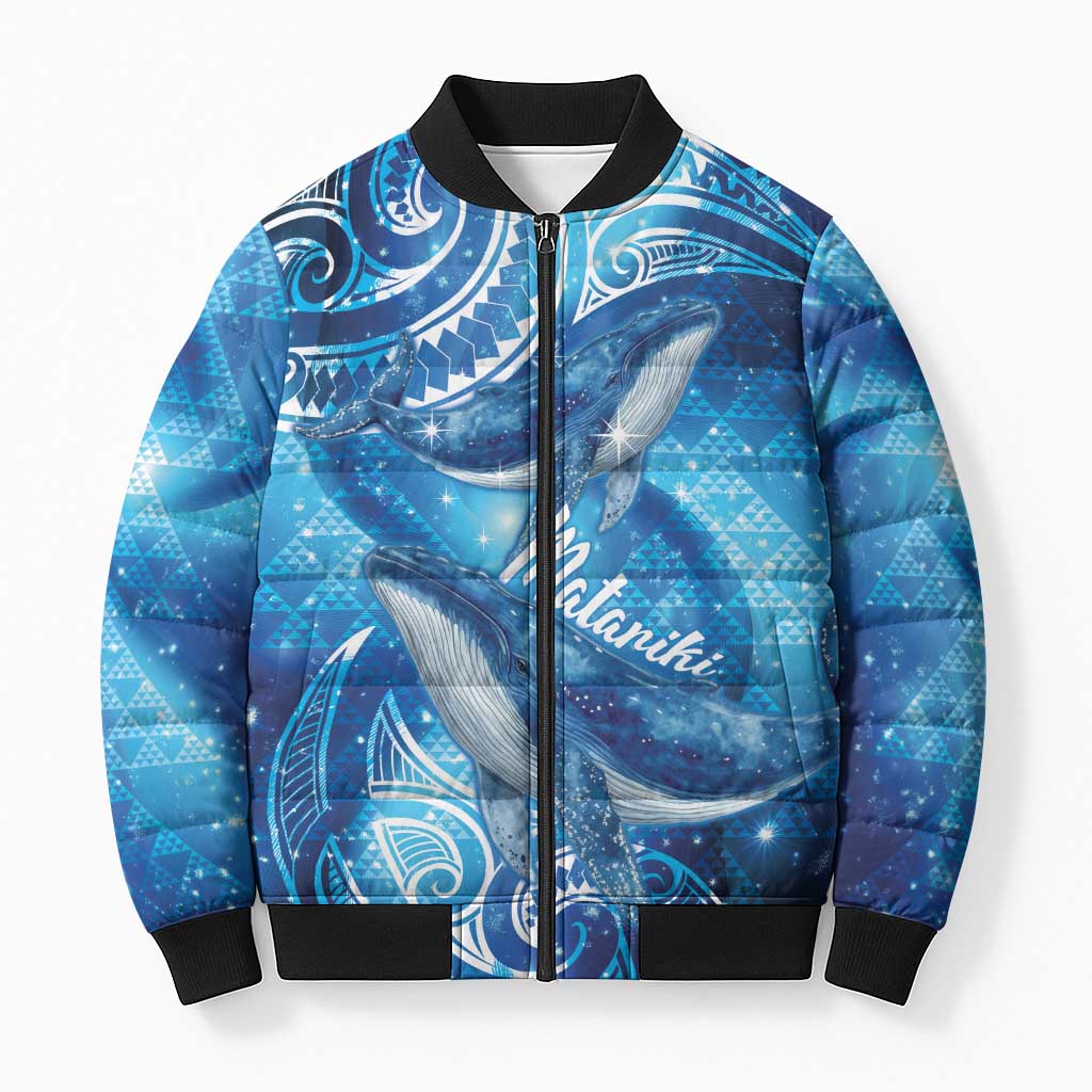 New Zealand Humpback Whale Matariki Bomber Puffer Jacket Maori New Year Taniko Niho Taniwha LT14 Unisex Blue - Polynesian Pride