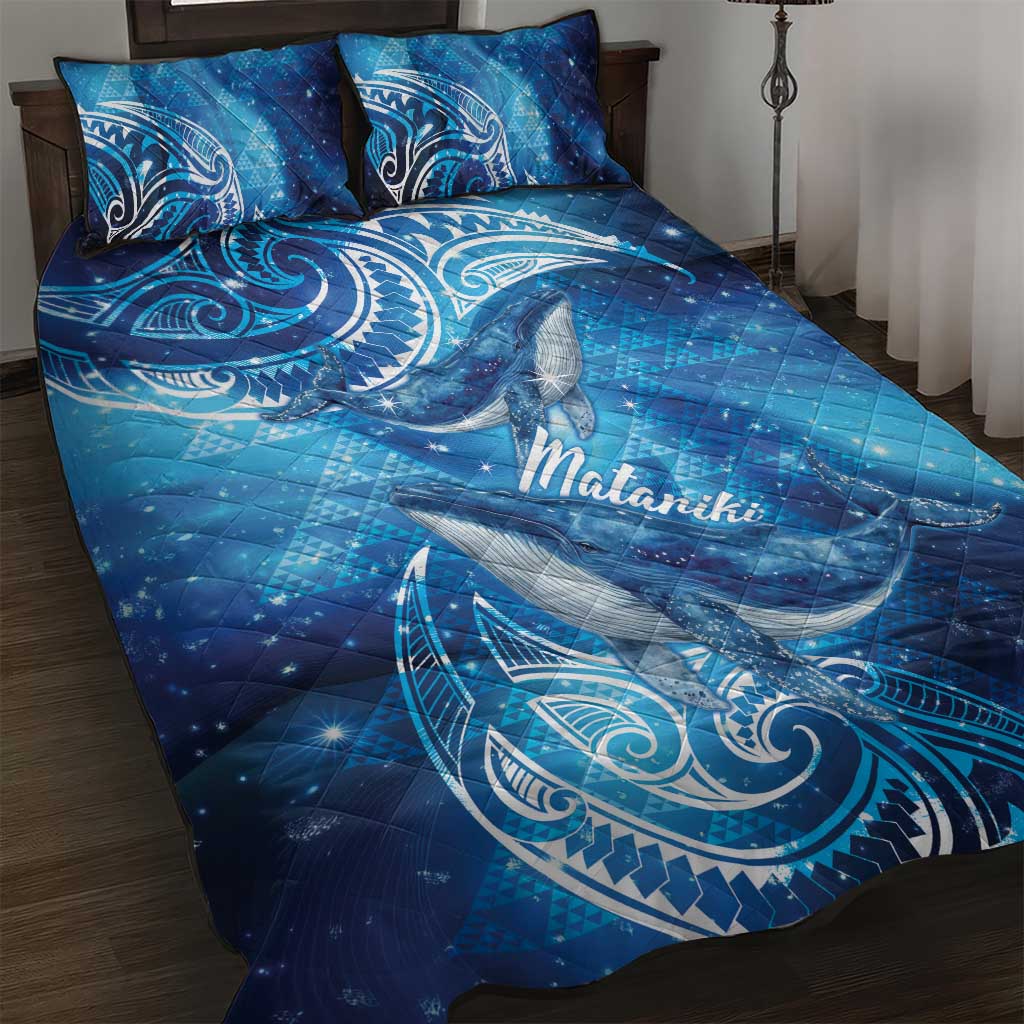 New Zealand Humpback Whale Matariki Quilt Bed Set Maori New Year Taniko Niho Taniwha LT14 Blue - Polynesian Pride