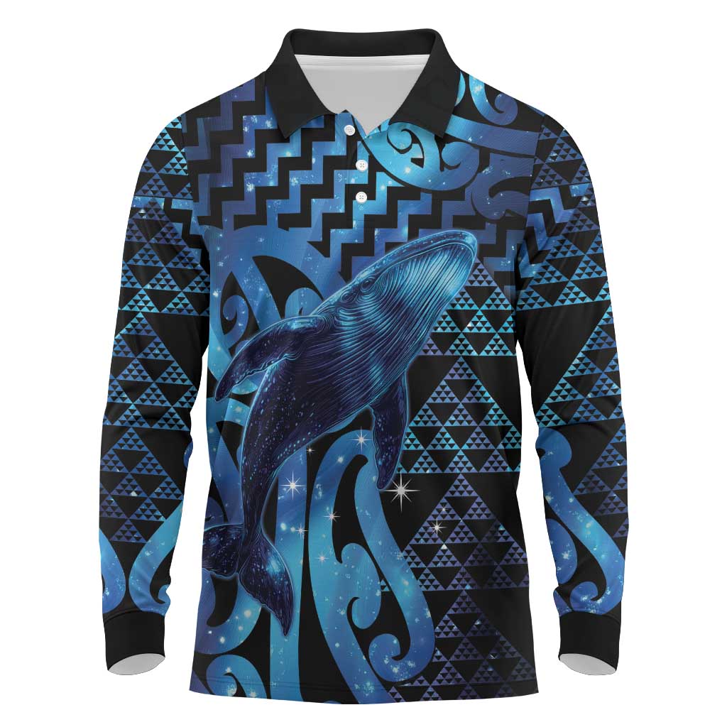 Humpback Whale Matariki New Zealand Long Sleeve Polo Shirt NZ Maori Paikea Poutama Luxury Blue LT14 Blue - Polynesian Pride