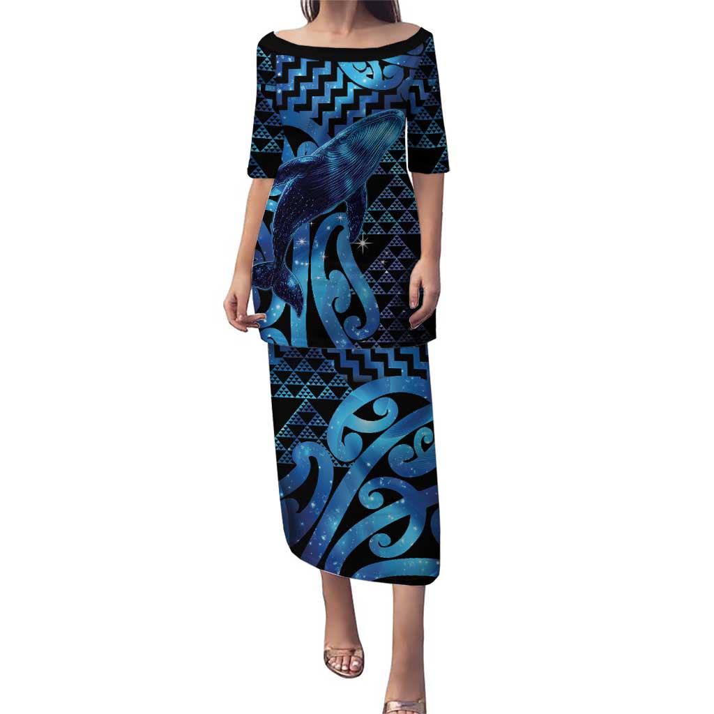 Humpback Whale Matariki New Zealand Puletasi NZ Maori Paikea Poutama Luxury Blue LT14 Long Dress Blue - Polynesian Pride