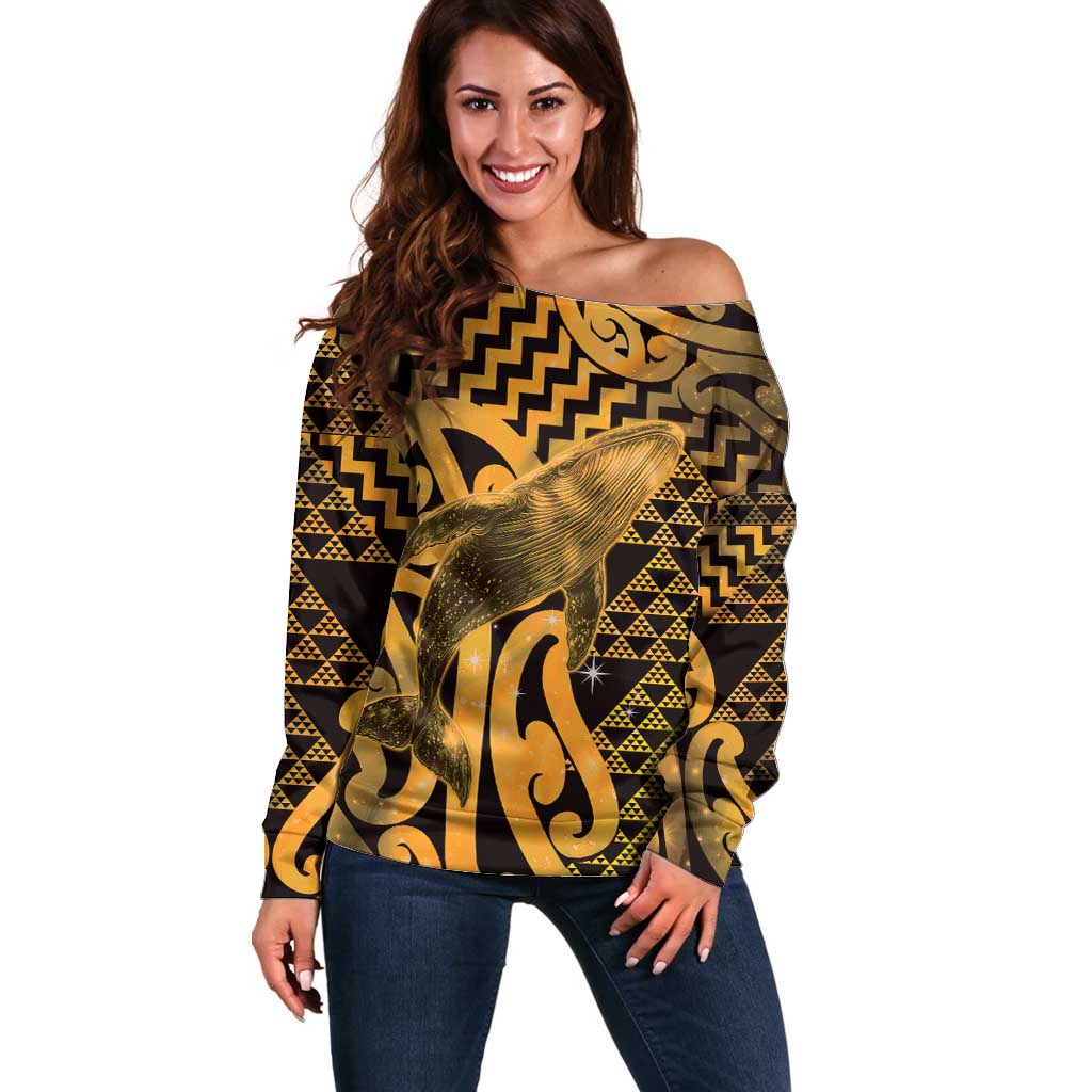 Humpback Whale Matariki New Zealand Off Shoulder Sweater NZ Maori Paikea Poutama Luxury Gold LT14 Women Gold - Polynesian Pride