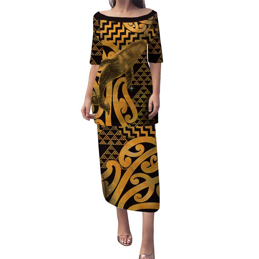 Humpback Whale Matariki New Zealand Puletasi NZ Maori Paikea Poutama Luxury Gold LT14 Long Dress Gold - Polynesian Pride