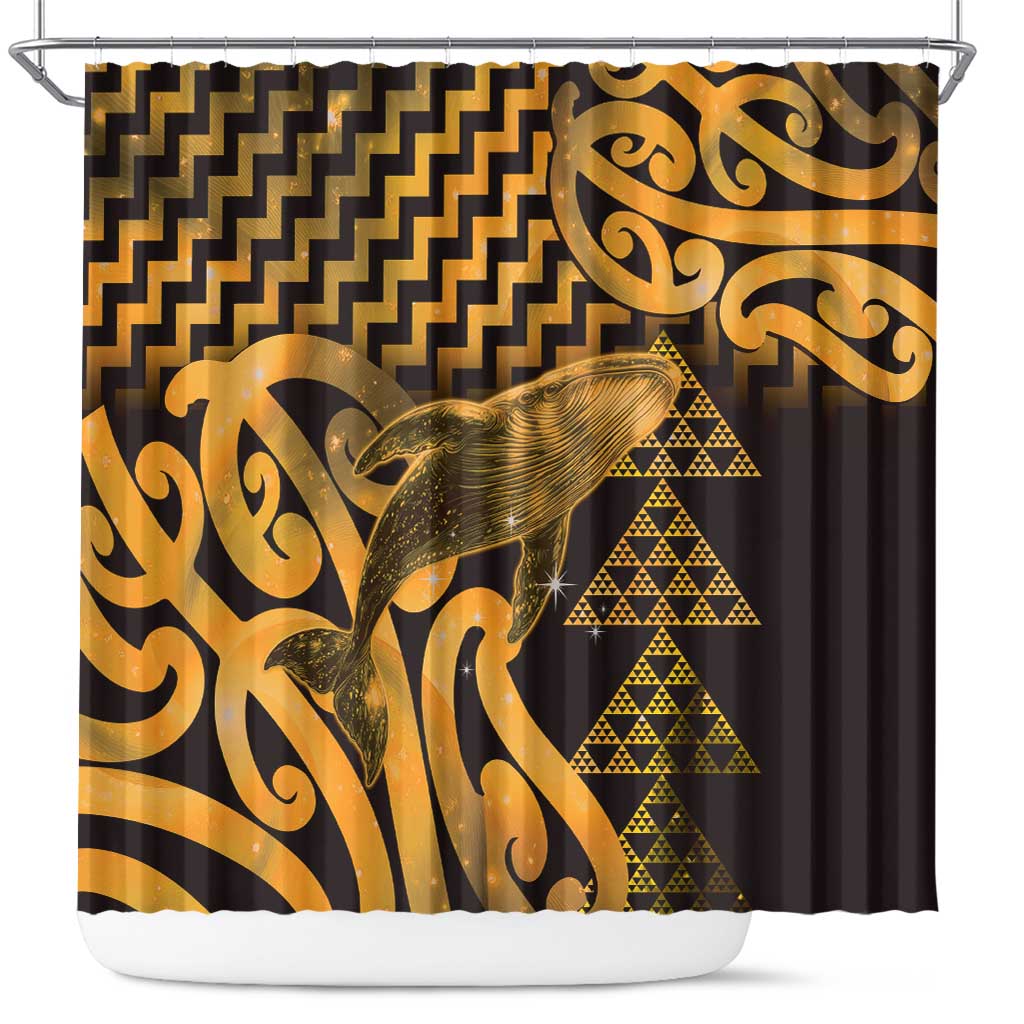 Humpback Whale Matariki New Zealand Shower Curtain NZ Maori Paikea Poutama Luxury Gold LT14 Gold - Polynesian Pride