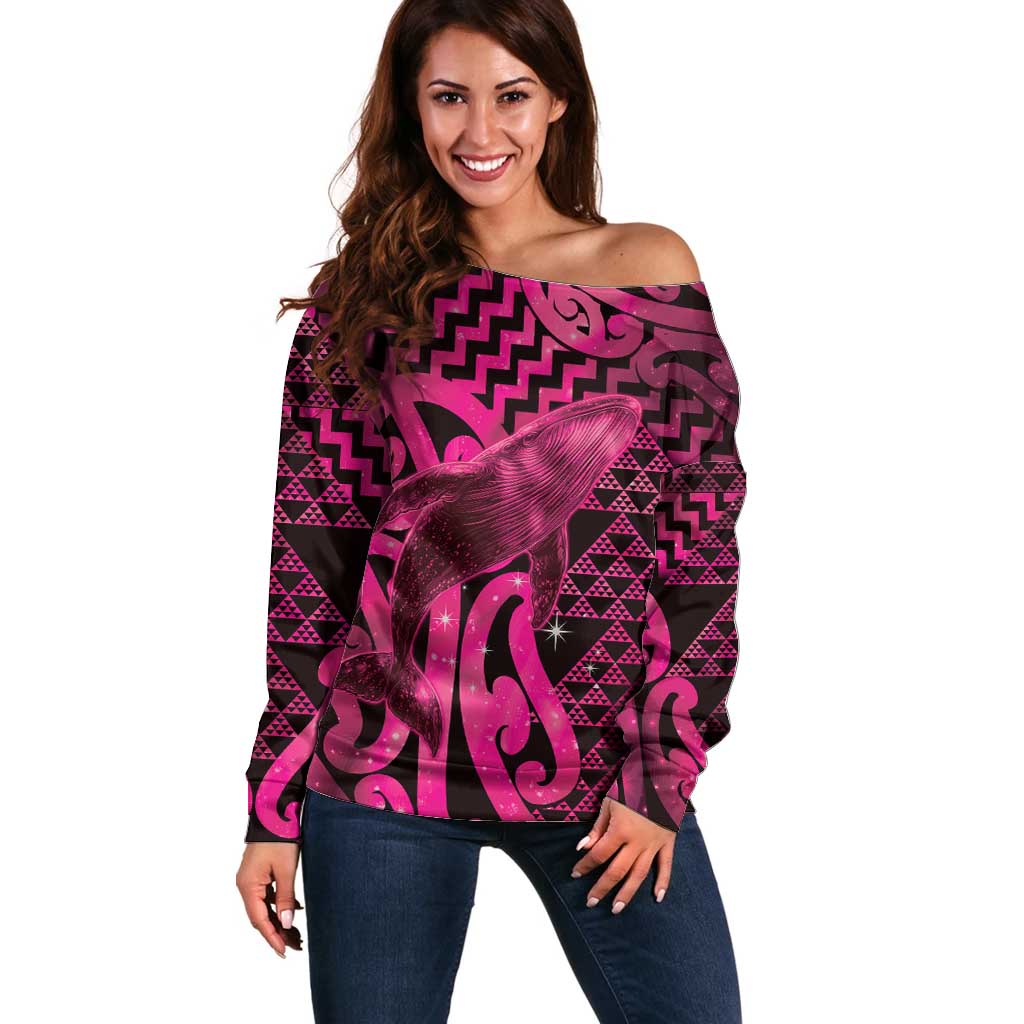 Humpback Whale Matariki New Zealand Off Shoulder Sweater NZ Maori Paikea Poutama Luxury Pink LT14 Women Pink - Polynesian Pride