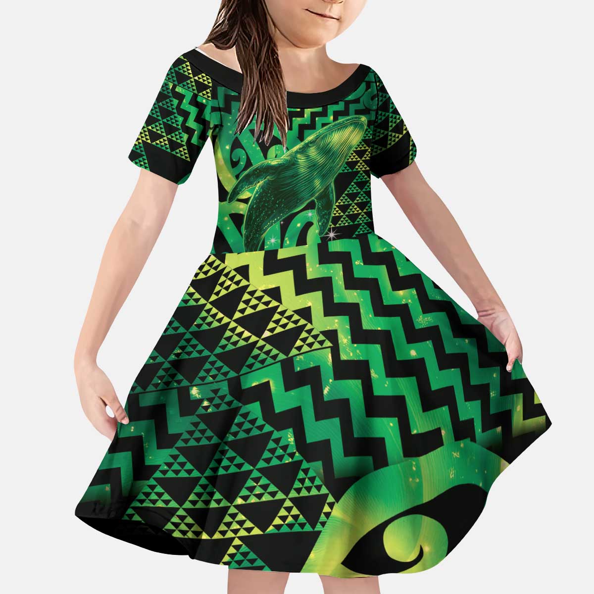 Humpback Whale Matariki New Zealand Kid Short Sleeve Dress NZ Maori Paikea Poutama Luxury Green LT14 KID Green - Polynesian Pride