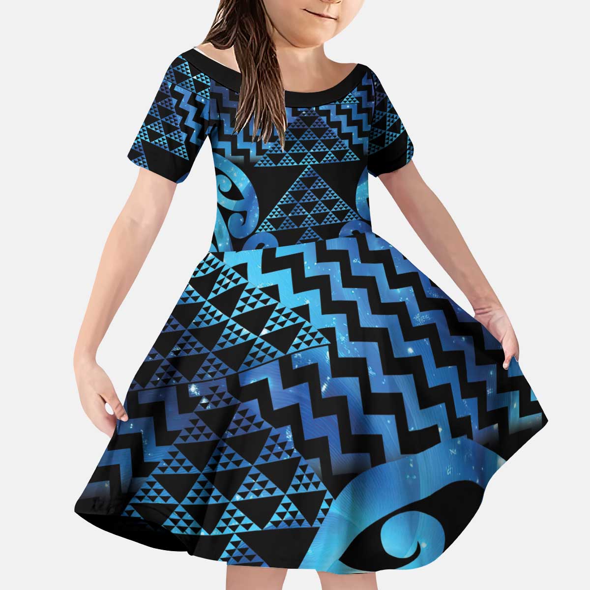 Taniko Motifs Matariki New Zealand Kid Short Sleeve Dress NZ Niho Taniwha Poutama LT14 KID Blue - Polynesian Pride