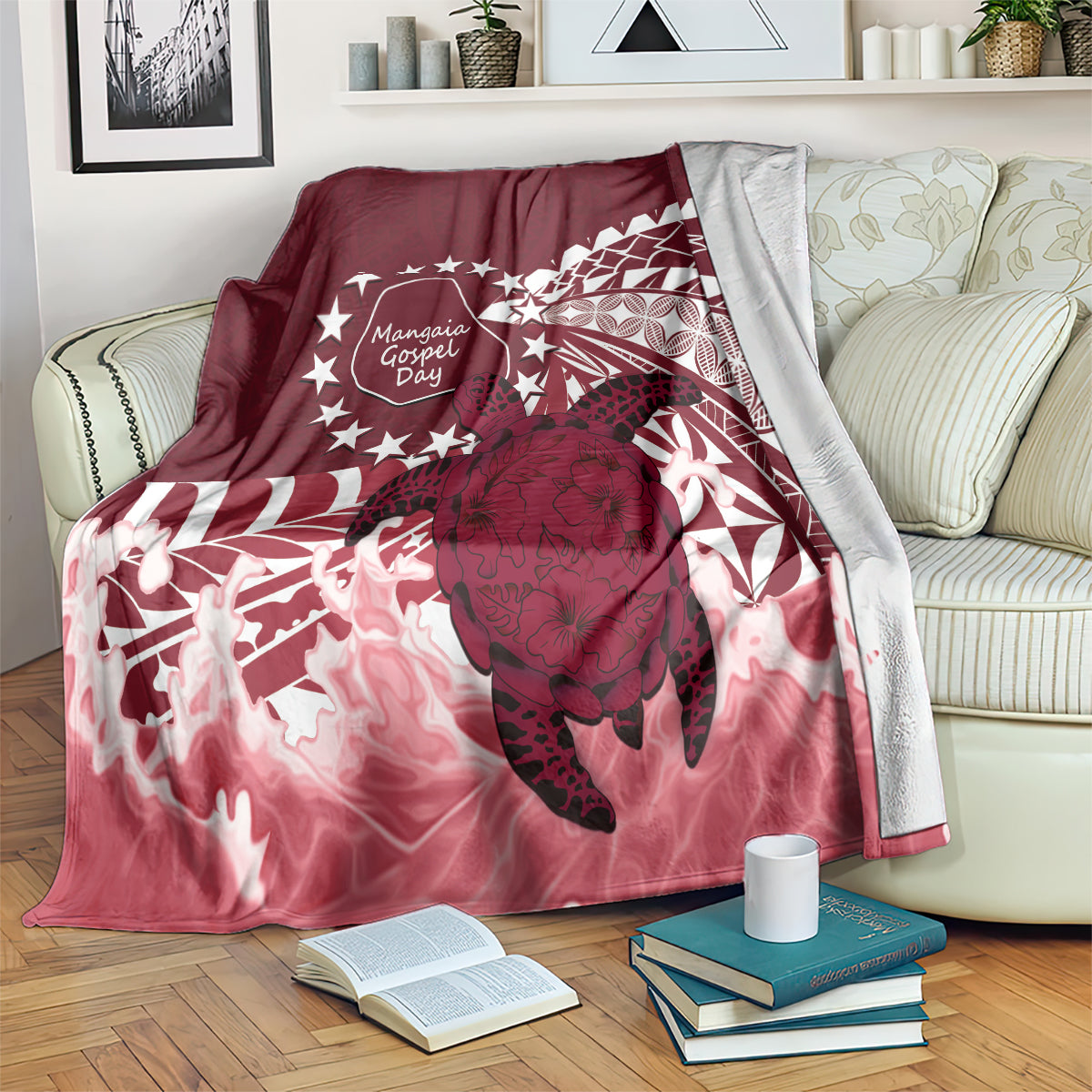 Cook Islands Mangaia Gospel Day Blanket Polynesian Art With Sea Turtle LT14 Maroon - Polynesian Pride