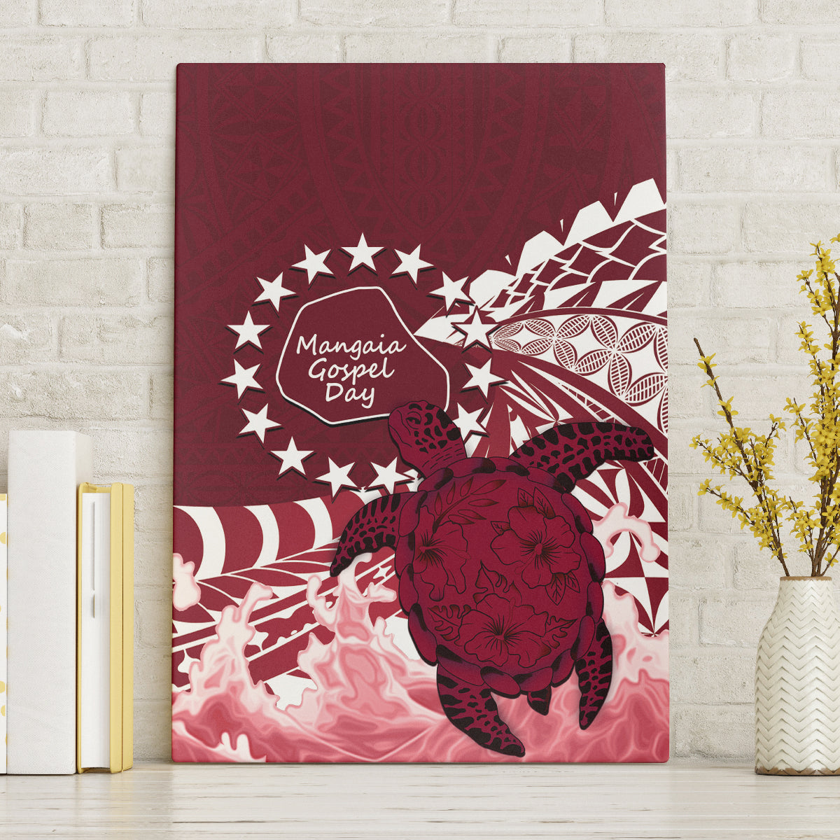 Cook Islands Mangaia Gospel Day Canvas Wall Art Polynesian Art With Sea Turtle LT14 Without Frame Maroon - Polynesian Pride