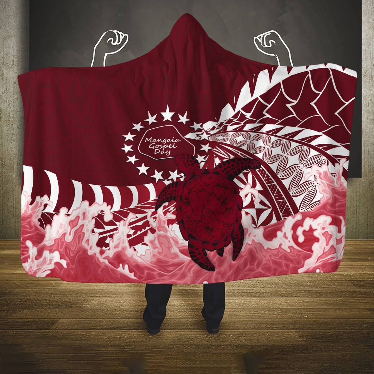 Cook Islands Mangaia Gospel Day Hooded Blanket Polynesian Art With Sea Turtle LT14 One Size Maroon - Polynesian Pride