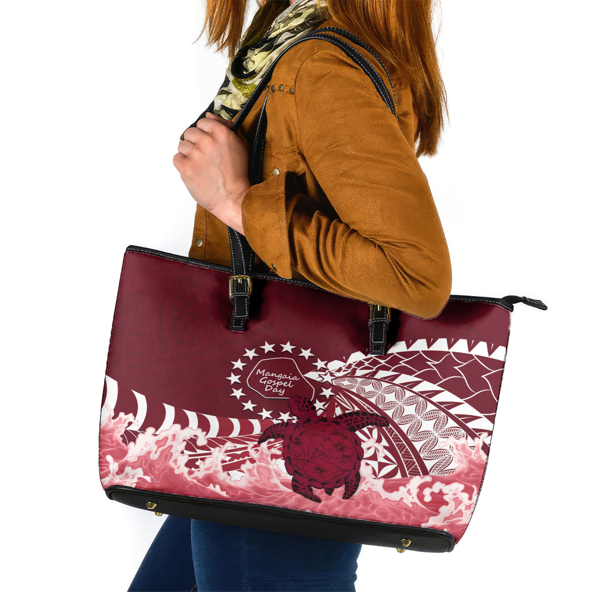 Cook Islands Mangaia Gospel Day Leather Tote Bag Polynesian Art With Sea Turtle LT14 Maroon - Polynesian Pride