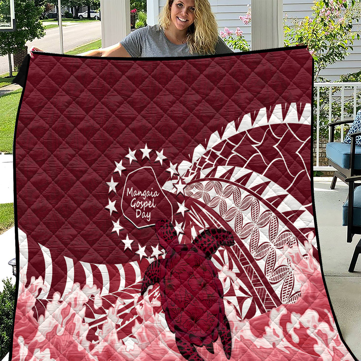 Cook Islands Mangaia Gospel Day Quilt Polynesian Art With Sea Turtle LT14 Maroon - Polynesian Pride