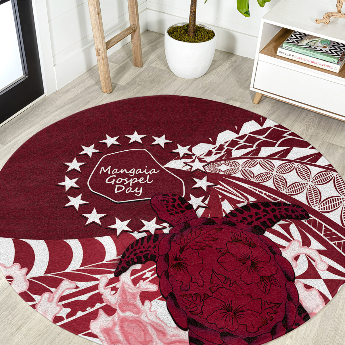 Cook Islands Mangaia Gospel Day Round Carpet Polynesian Art With Sea Turtle LT14 Maroon - Polynesian Pride