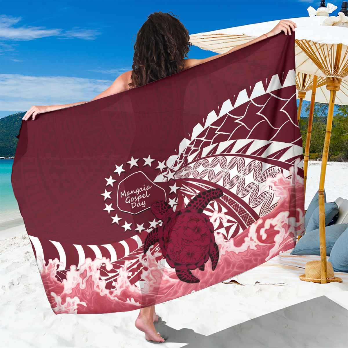 Cook Islands Mangaia Gospel Day Sarong Polynesian Art With Sea Turtle LT14 One Size 44 x 66 inches Maroon - Polynesian Pride