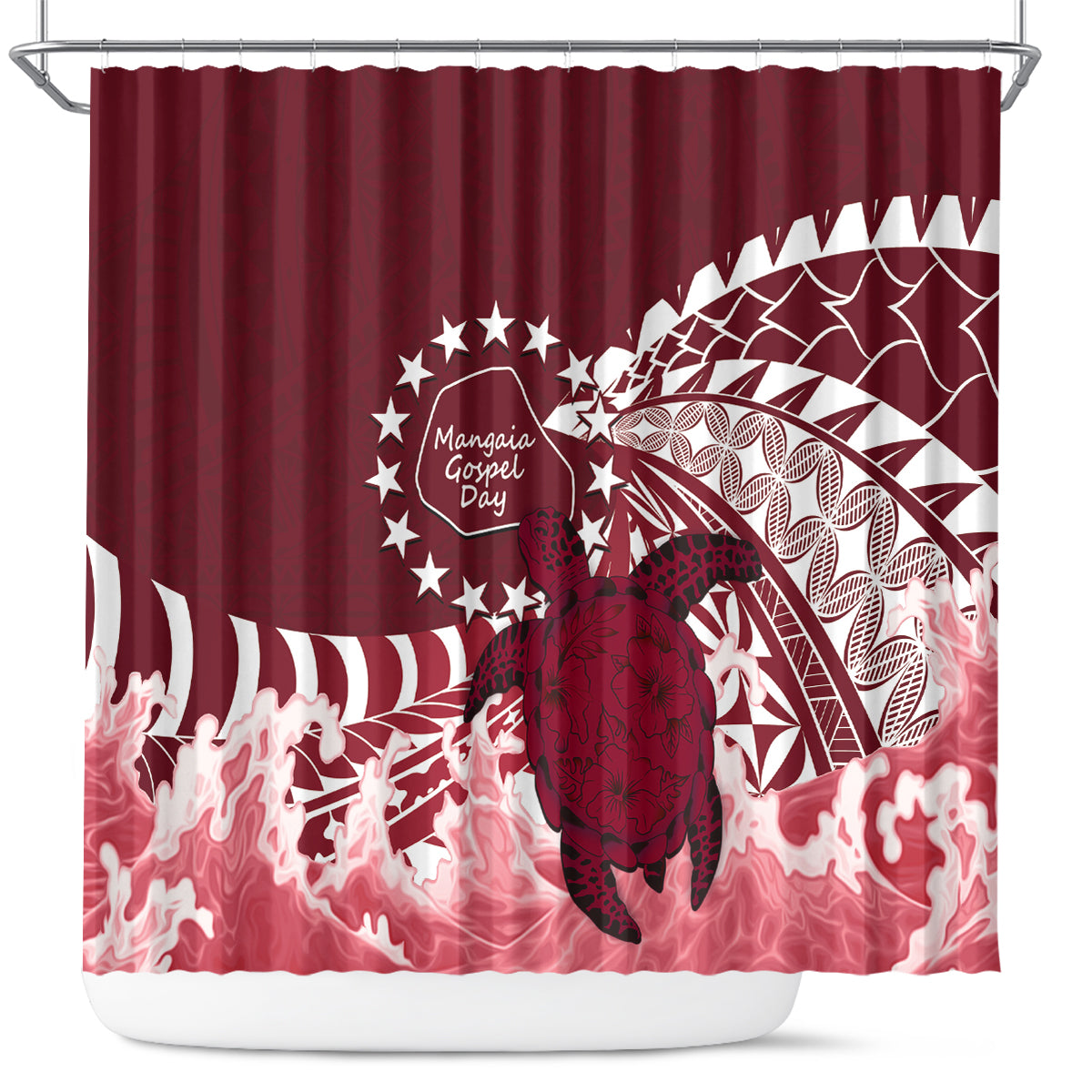Cook Islands Mangaia Gospel Day Shower Curtain Polynesian Art With Sea Turtle LT14 Maroon - Polynesian Pride
