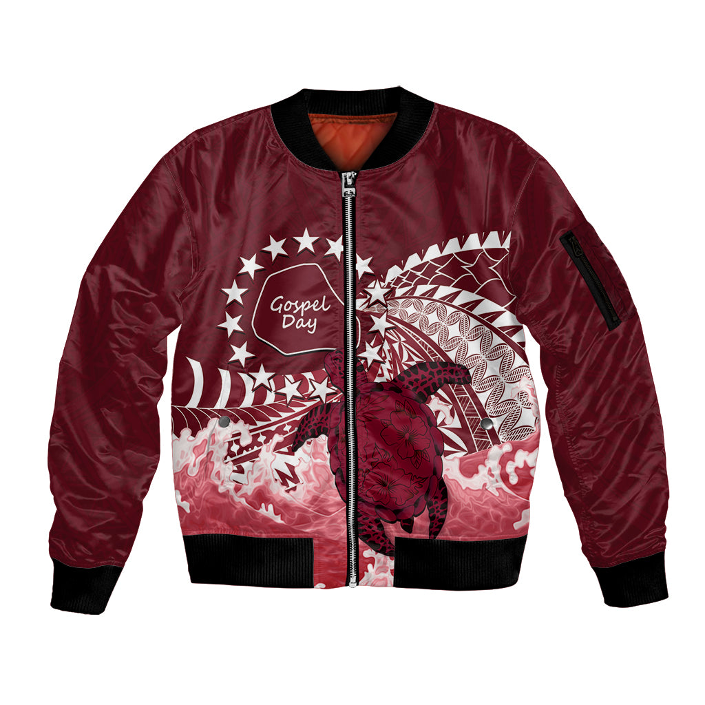 Cook Islands Mangaia Gospel Day Sleeve Zip Bomber Jacket Polynesian Art With Sea Turtle LT14 Unisex Maroon - Polynesian Pride