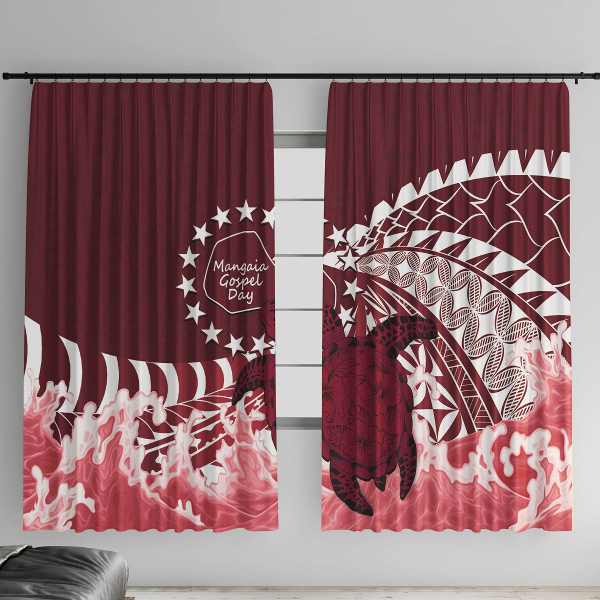 Cook Islands Mangaia Gospel Day Window Curtain Polynesian Art With Sea Turtle LT14 With Hooks Maroon - Polynesian Pride