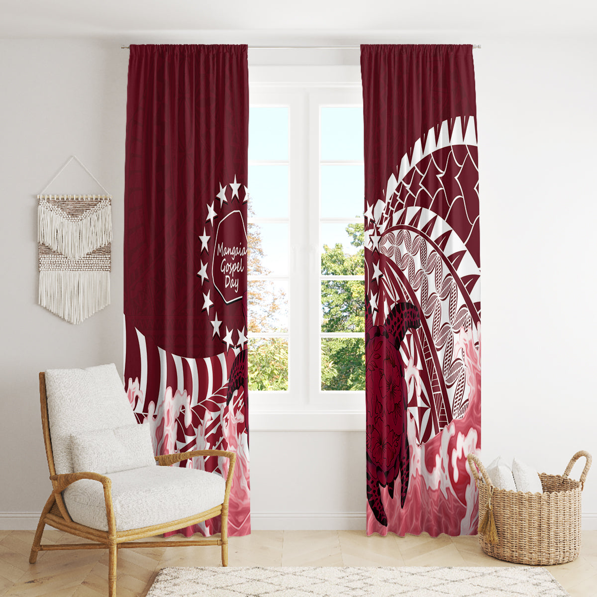 Cook Islands Mangaia Gospel Day Window Curtain Polynesian Art With Sea Turtle LT14 - Polynesian Pride