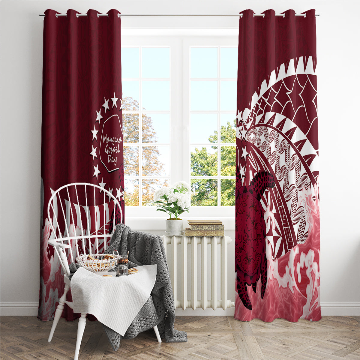 Cook Islands Mangaia Gospel Day Window Curtain Polynesian Art With Sea Turtle LT14 - Polynesian Pride