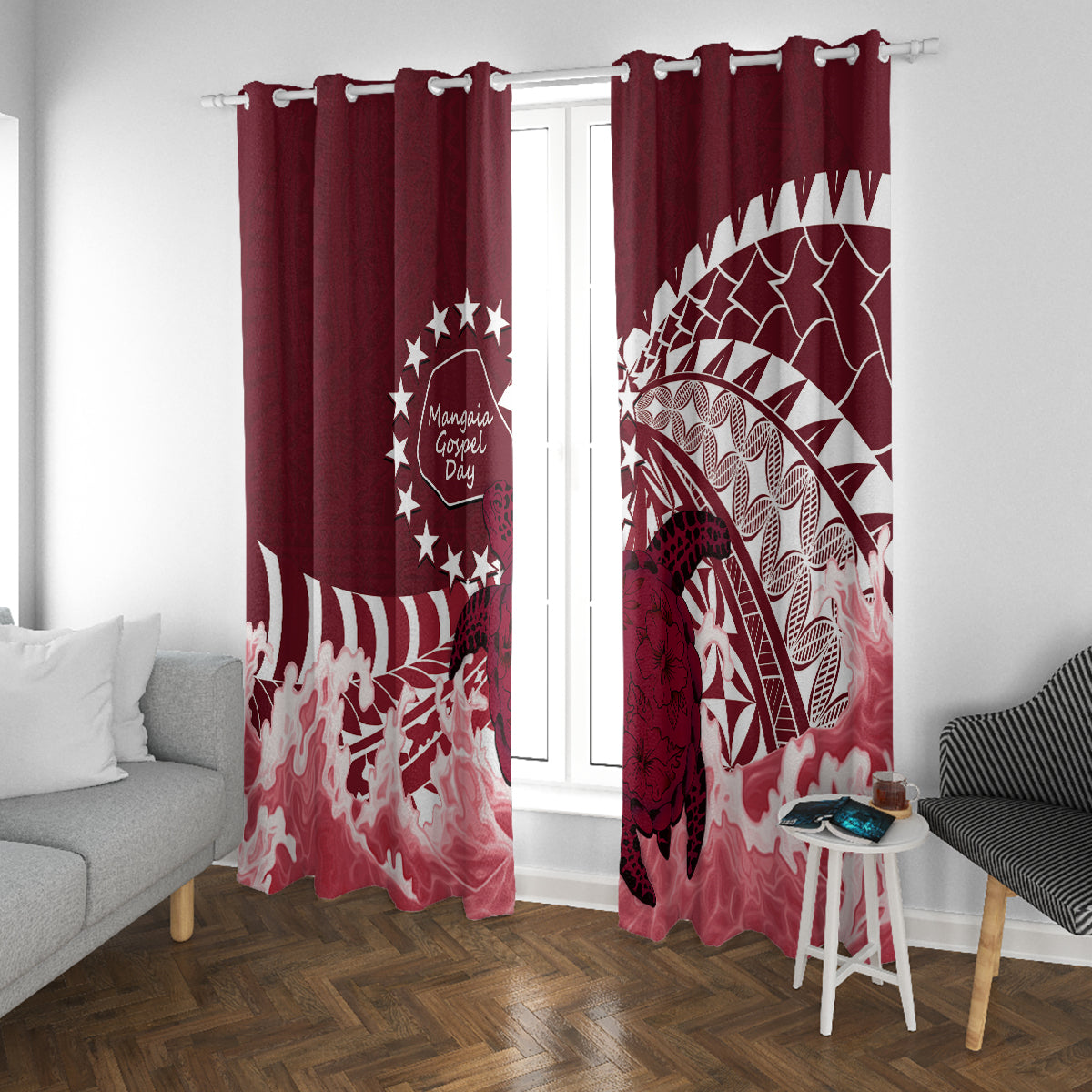 Cook Islands Mangaia Gospel Day Window Curtain Polynesian Art With Sea Turtle LT14 With Grommets Maroon - Polynesian Pride