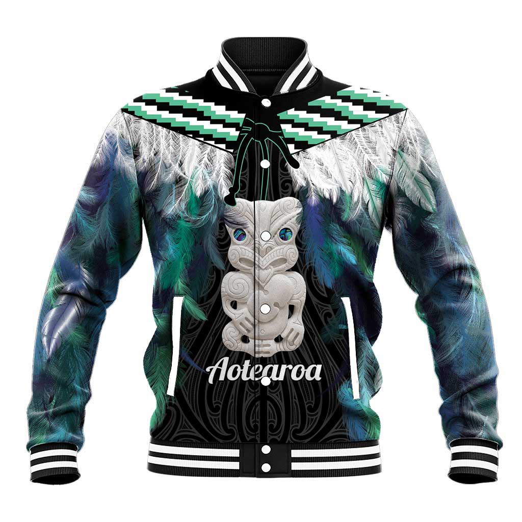 Aotearoa Korowai Motif Baseball Jacket Hei Tiki Poutama Maori Pattern LT14 Unisex Turquoise - Polynesian Pride