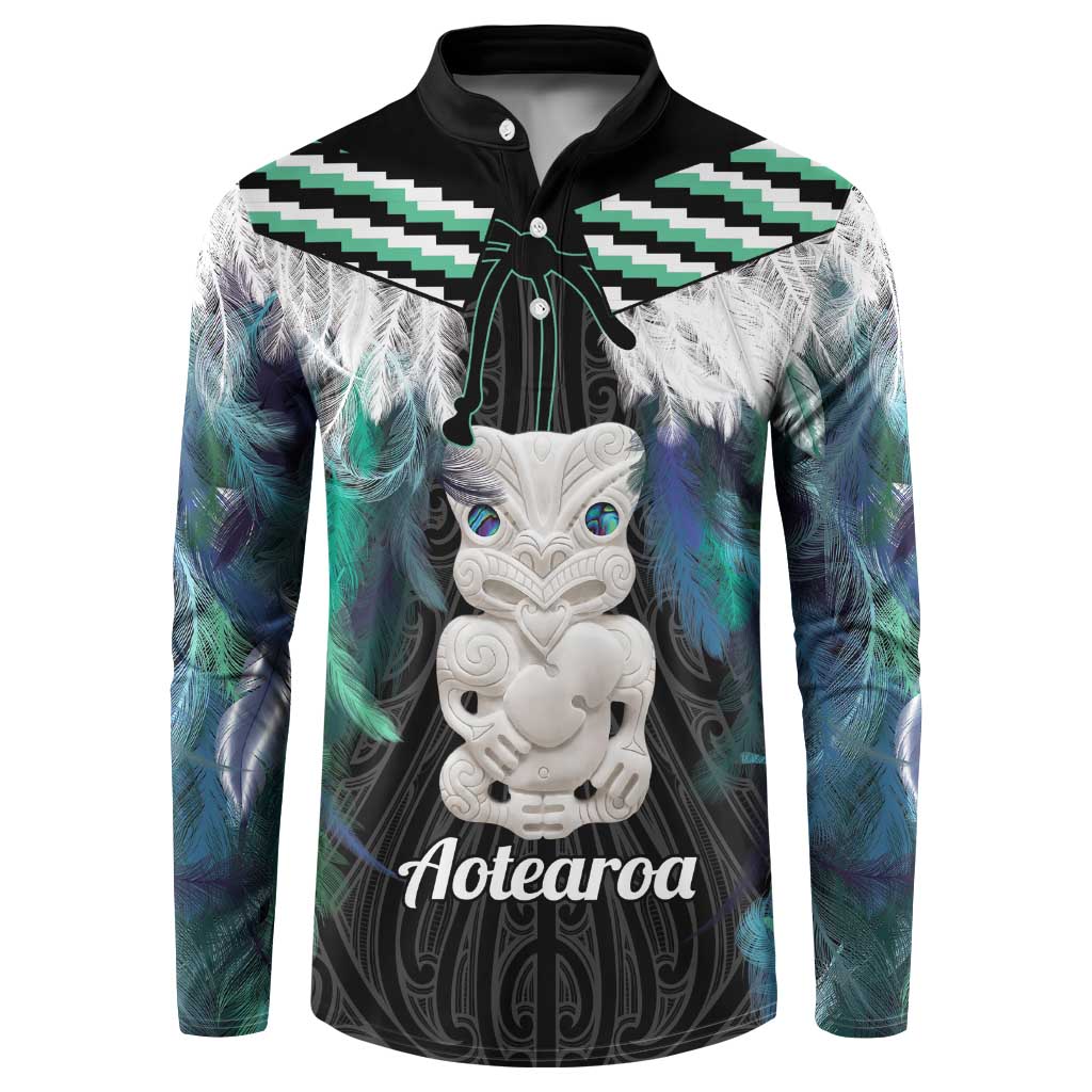 Aotearoa Korowai Motif Button Sweatshirt Hei Tiki Poutama Maori Pattern LT14 Turquoise - Polynesian Pride