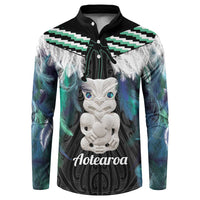 Aotearoa Korowai Motif Button Sweatshirt Hei Tiki Poutama Maori Pattern LT14 Turquoise - Polynesian Pride