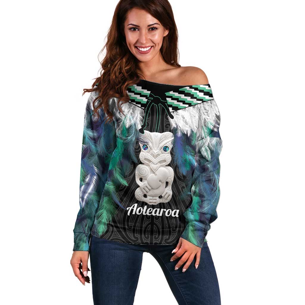 Aotearoa Korowai Motif Off Shoulder Sweater Hei Tiki Poutama Maori Pattern LT14 Women Turquoise - Polynesian Pride