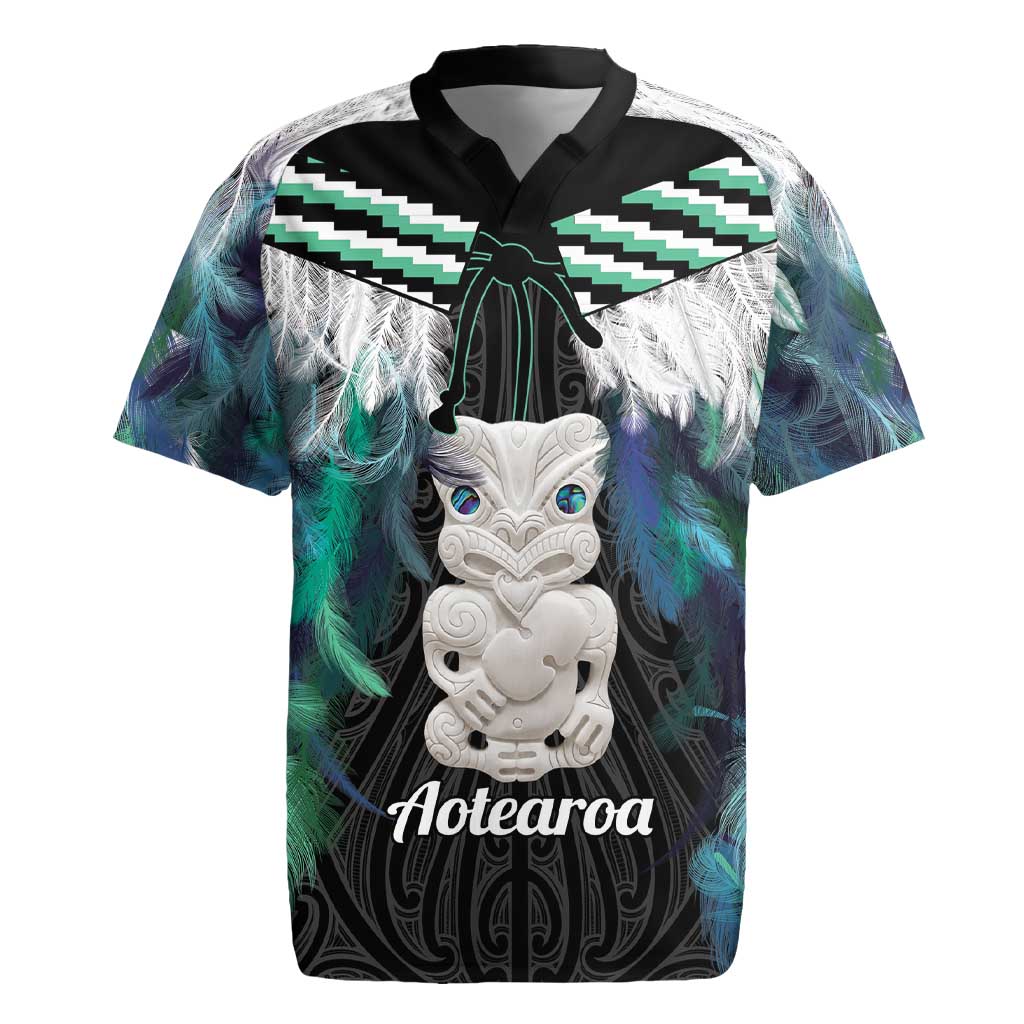Aotearoa Korowai Motif Rugby Jersey Hei Tiki Poutama Maori Pattern LT14 Turquoise - Polynesian Pride