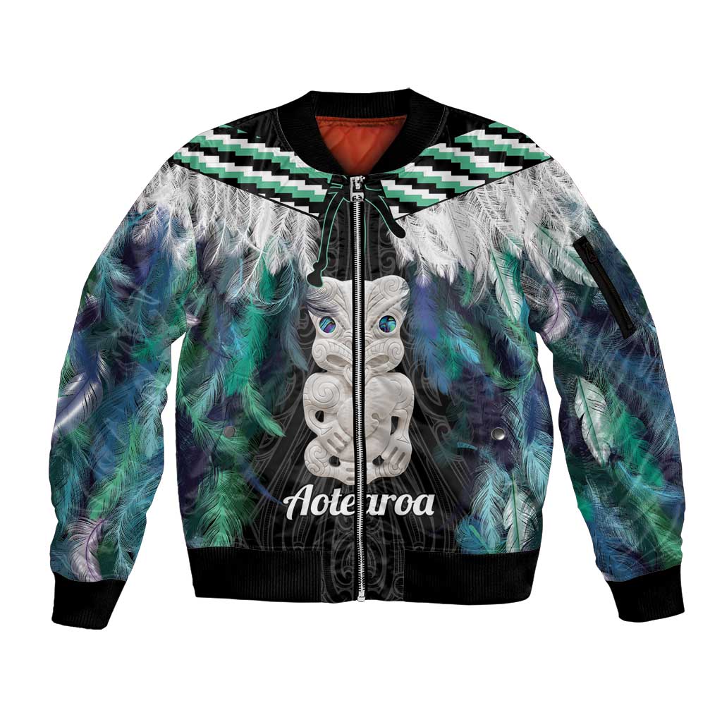 Aotearoa Korowai Motif Sleeve Zip Bomber Jacket Hei Tiki Poutama Maori Pattern LT14 Unisex Turquoise - Polynesian Pride