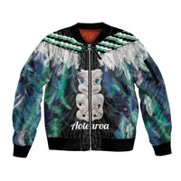 Aotearoa Korowai Motif Sleeve Zip Bomber Jacket Hei Tiki Poutama Maori Pattern LT14 Unisex Turquoise - Polynesian Pride