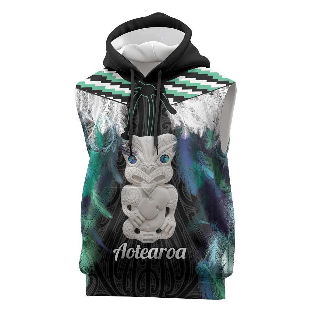 Aotearoa Korowai Motif Sleeveless Hoodie Hei Tiki Poutama Maori Pattern LT14 Turquoise - Polynesian Pride