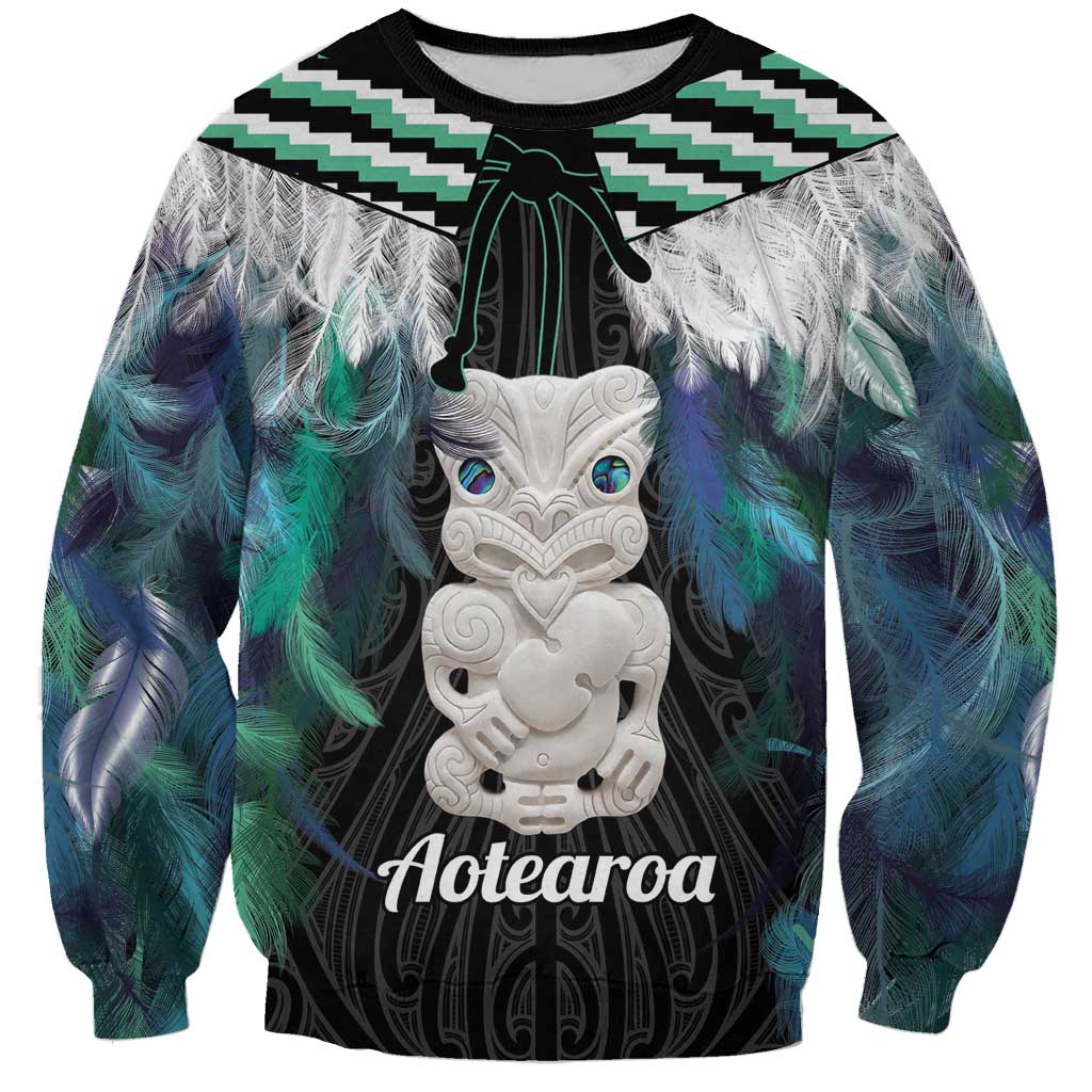 Aotearoa Korowai Motif Sweatshirt Hei Tiki Poutama Maori Pattern LT14 Unisex Turquoise - Polynesian Pride