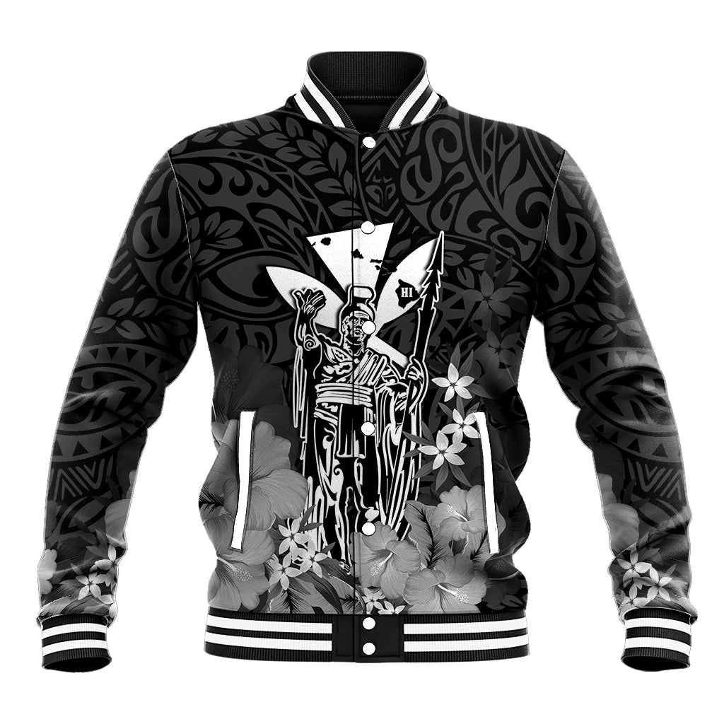 Personalised King Kamehameha Day Hawaii Baseball Jacket Polynesia Tribal Kanaka And Hibiscus Black LT14 Unisex Black - Polynesian Pride