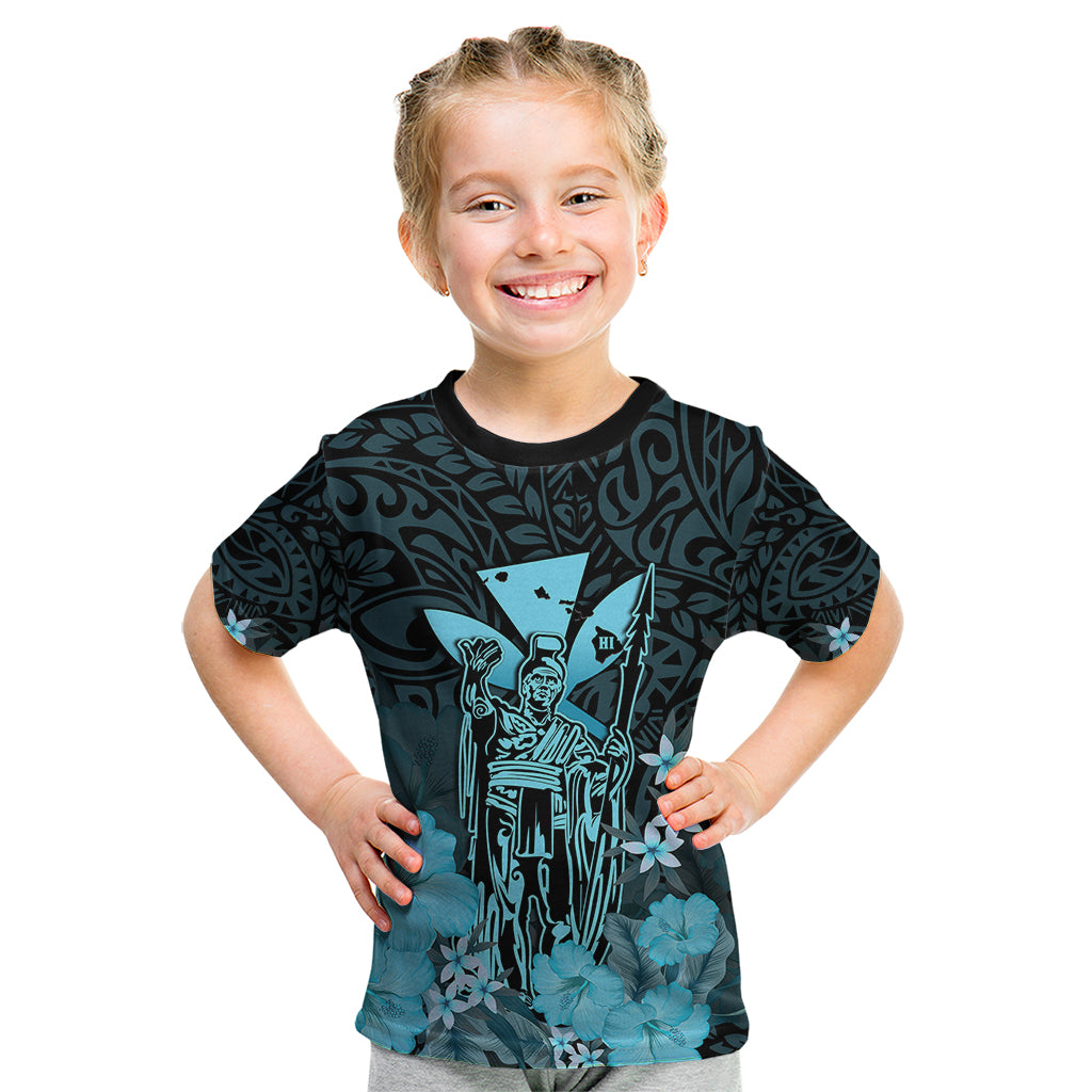 Personalised King Kamehameha Day Hawaii Kid T Shirt Polynesia Tribal Kanaka And Hibiscus Turquoise LT14 Turquoise - Polynesian Pride