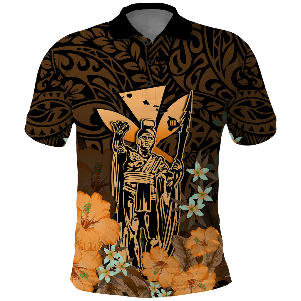 Polynesian Pride King Kamehameha Day Hawaii Polo Shirt Polynesia Tribal Kanaka and Hibiscus Gold LT14 Gold - Polynesian Pride