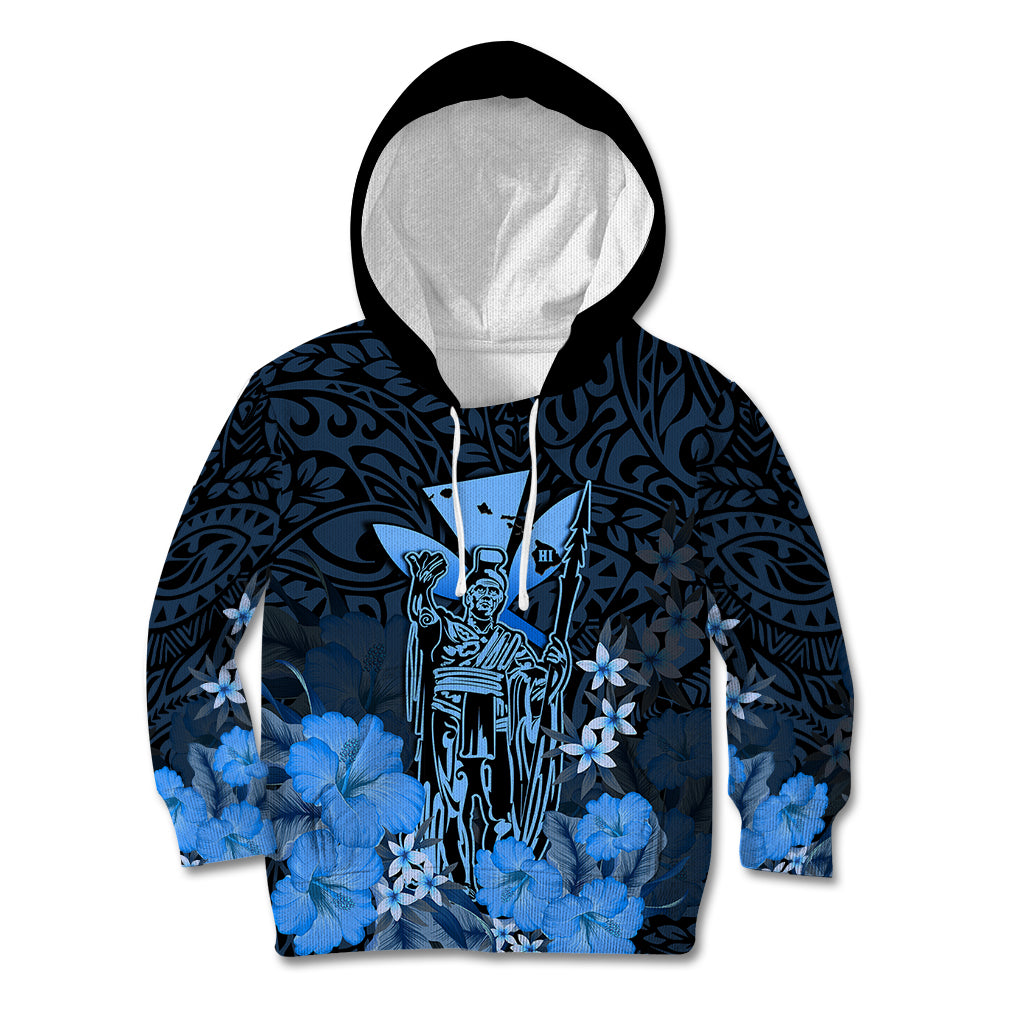 Personalised King Kamehameha Day Hawaii Kid Hoodie Polynesia Tribal Kanaka And Hibiscus Blue LT14 Hoodie Blue - Polynesian Pride