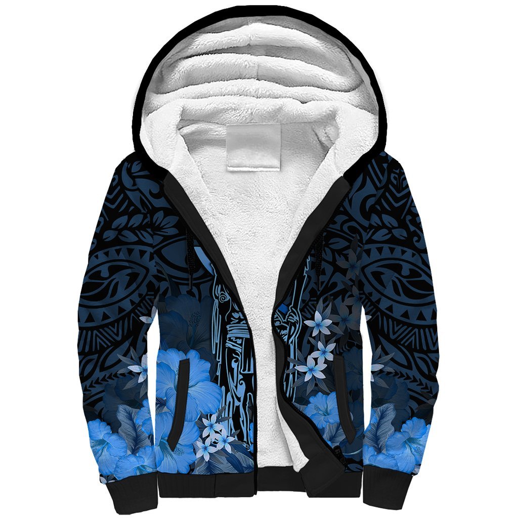 Personalised King Kamehameha Day Hawaii Sherpa Hoodie Polynesia Tribal Kanaka And Hibiscus Blue LT14 Unisex Blue - Polynesian Pride