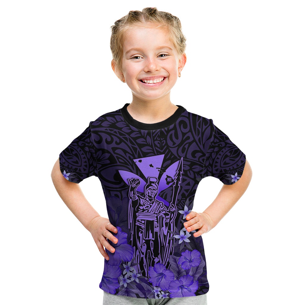 Personalised King Kamehameha Day Hawaii Kid T Shirt Polynesia Tribal Kanaka And Hibiscus Purple LT14 Purple - Polynesian Pride
