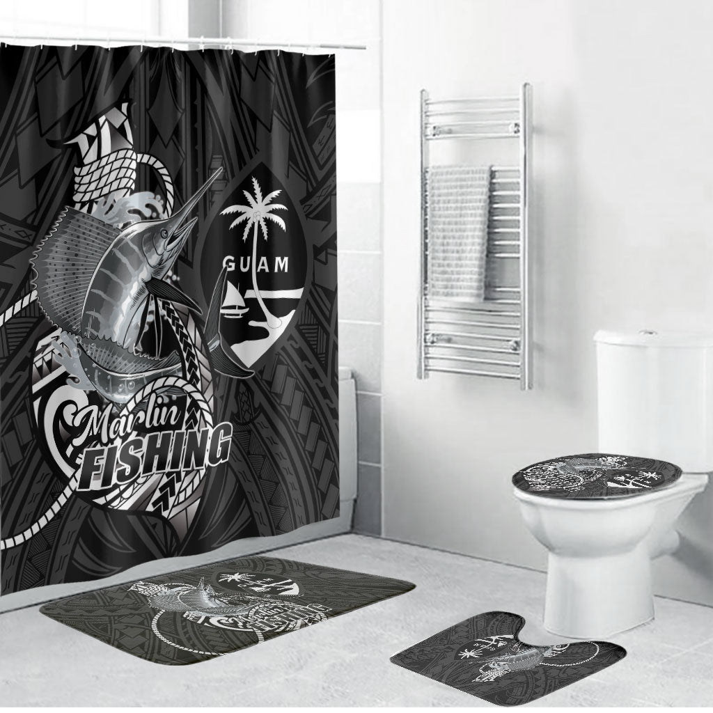 Guam Blue Marlin Fishing Bathroom Set Guahan Fish Hook Tattoo Black Version LT14 Bathroom Set (4 pcs) Black - Polynesian Pride