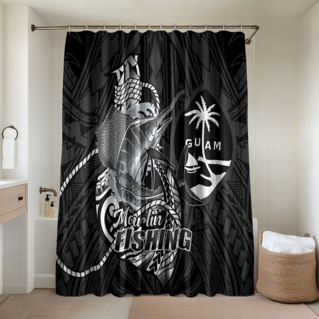 Guam Blue Marlin Fishing Bathroom Set Guahan Fish Hook Tattoo Black Version LT14 Shower Curtain Only Black - Polynesian Pride