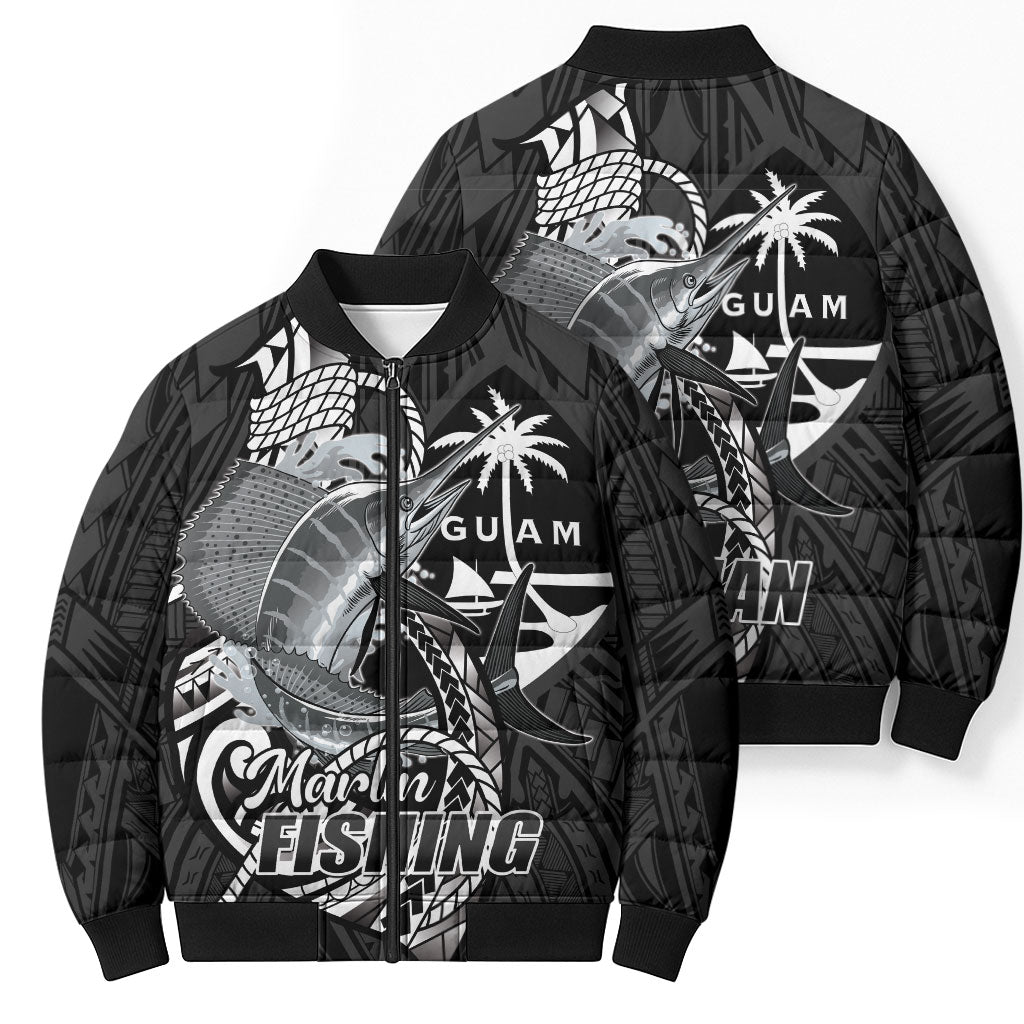 Guam Blue Marlin Fishing Bomber Puffer Jacket Guahan Fish Hook Tattoo Black Version LT14 - Polynesian Pride