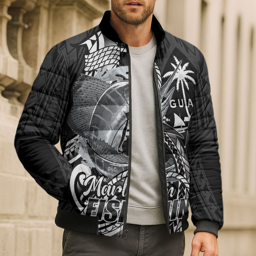 Guam Blue Marlin Fishing Bomber Puffer Jacket Guahan Fish Hook Tattoo Black Version LT14 - Polynesian Pride