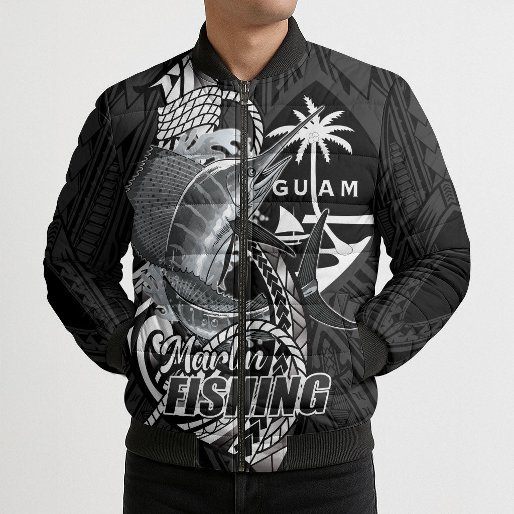 Guam Blue Marlin Fishing Bomber Puffer Jacket Guahan Fish Hook Tattoo Black Version LT14 - Polynesian Pride