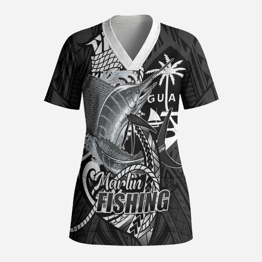 Guam Blue Marlin Fishing Scrub Top Guahan Fish Hook Tattoo Black Version LT14 Adult Black - Polynesian Pride